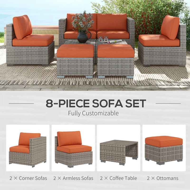 Outsunny 8pc Outdoor Patio Furniture Set Weather Wicker Rattan Sofa Chair Orange