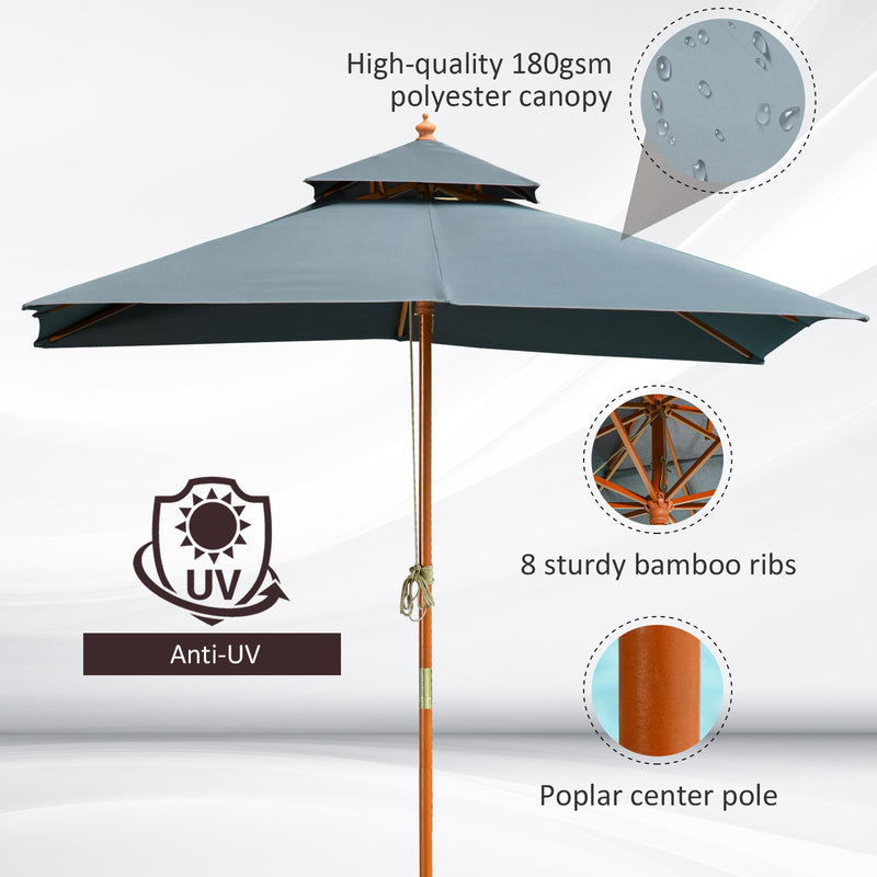 3m Wood Square Patio Umbrella Garden Market Parasol Sunshade Grey