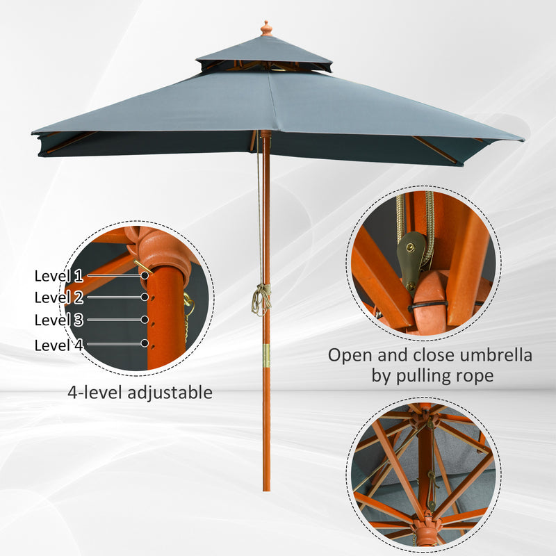 3m Wood Square Patio Umbrella Garden Market Parasol Sunshade Grey