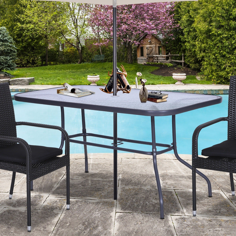 Metal Garden Dining Table Outdoor Patio w/ Glass, Umbrella Hole